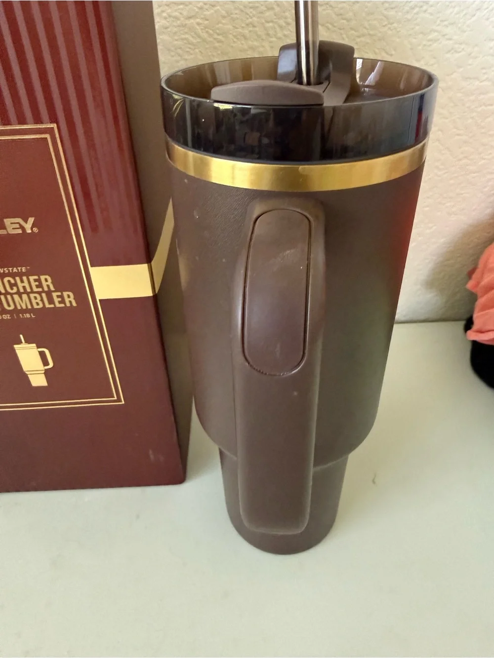 Stanley Brown Tumbler with Gold Logo and Trim